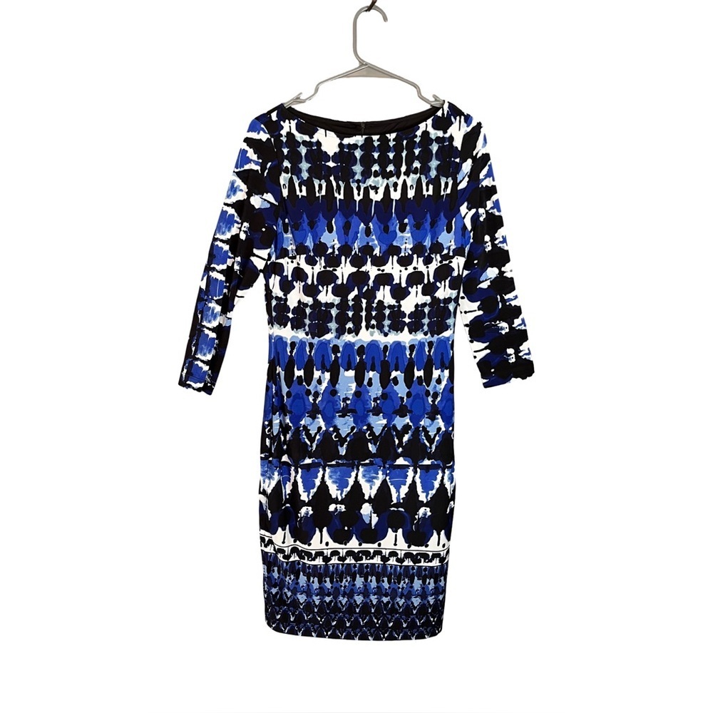 Joseph Ribkoff Abstract Print Stretch Knit Blue Black White Sheath Dress 8 - Picture 2 of 13